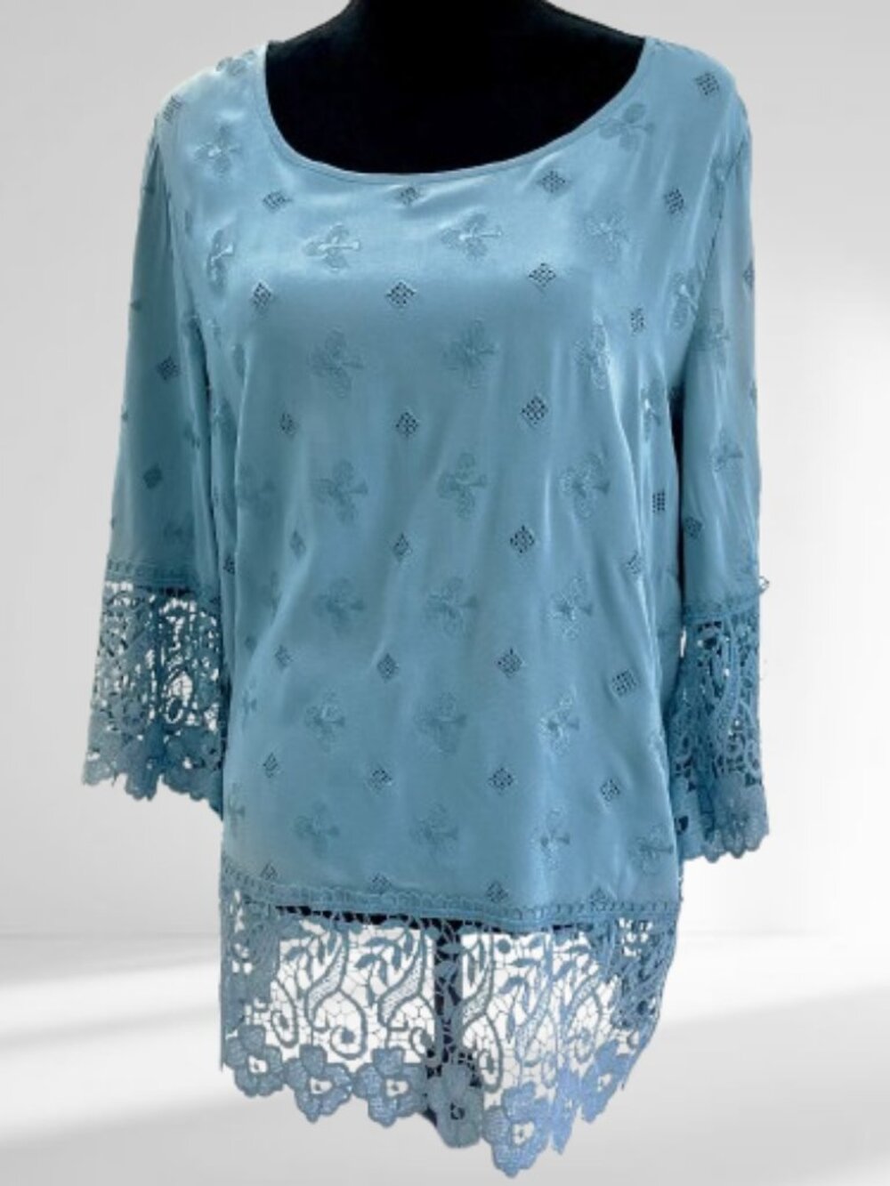 Dusty Blue Embroidered Blouse long Extended Lace hems Alessa W 10